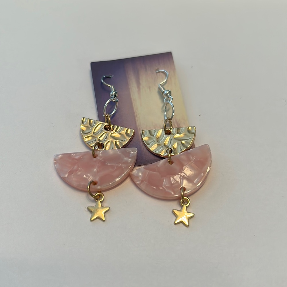 Pink and gold half circle star earrings